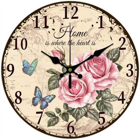Pink Rose Wall Clock 12 Inch Butterfly Wooden Wall Clock Non Ticking Battery Operated Decorative Round Clock for Living Room Kitchen Bedroom Bathroom