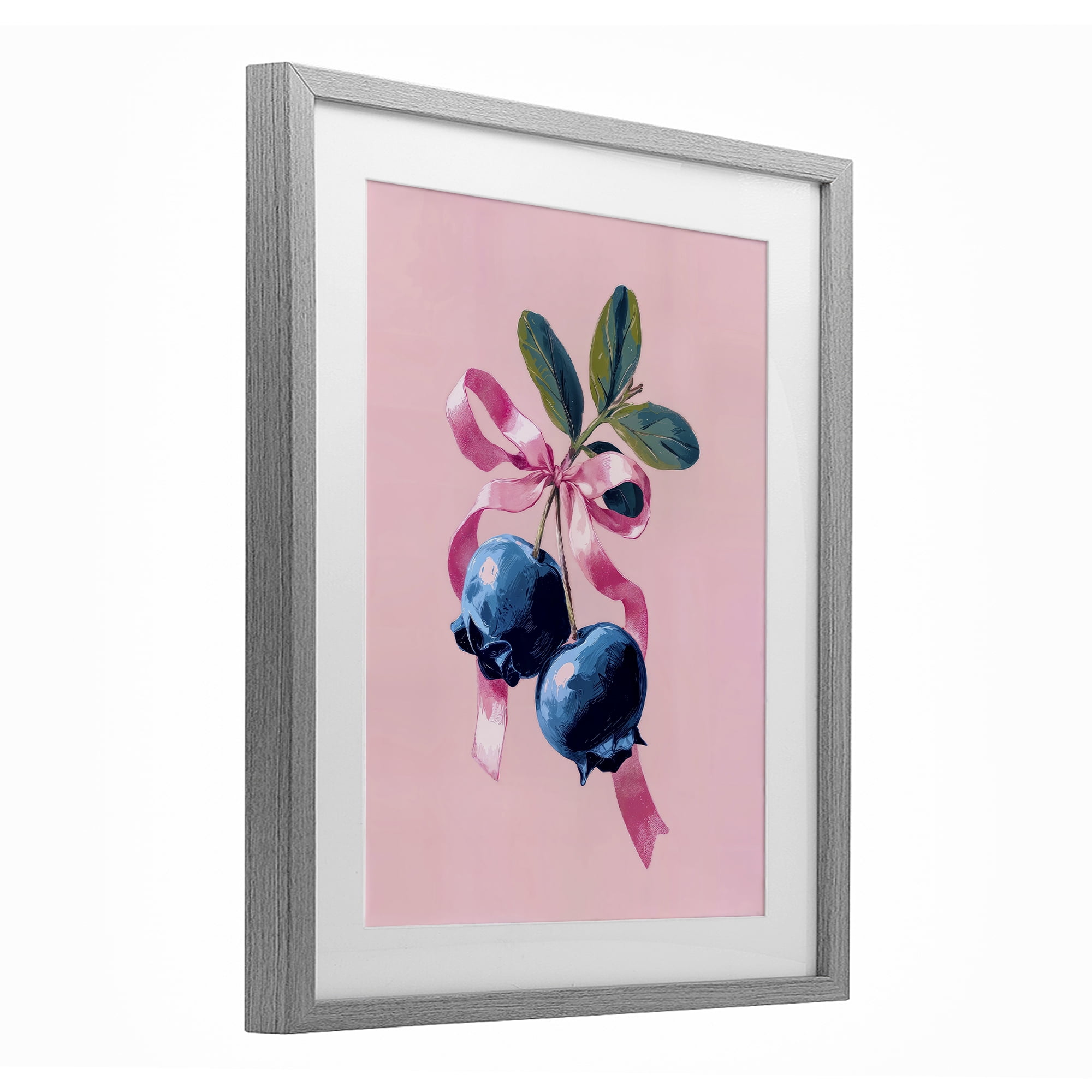 Stupell Industries Blueberry Branch with Pink Bow Gray Framed Print Under Glass, design by Imagine It Images