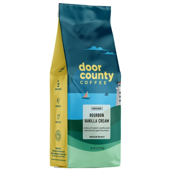 Door County Coffee Bourbon Vanilla Cream, Bourbon & Vanilla Flavored Specialty Arabica Coffee, Medium Roast, Ground, 10oz Bag