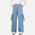 thumbnail image 3 of HAOTAGS Girls Cargo Pants (5-16) Elastic Waist Bow Decor Loose Wide Leg Casual Trousers Sky Blue Size 15, 3 of 7