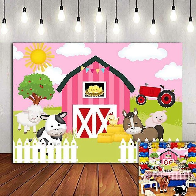 Fondo de fotografía con temática de animales de granja de color rosa dulce, suministros para fiestas de cumpleaños infantiles, lindo fondo de foto de granja, decoraciones para baby shower, vinilo