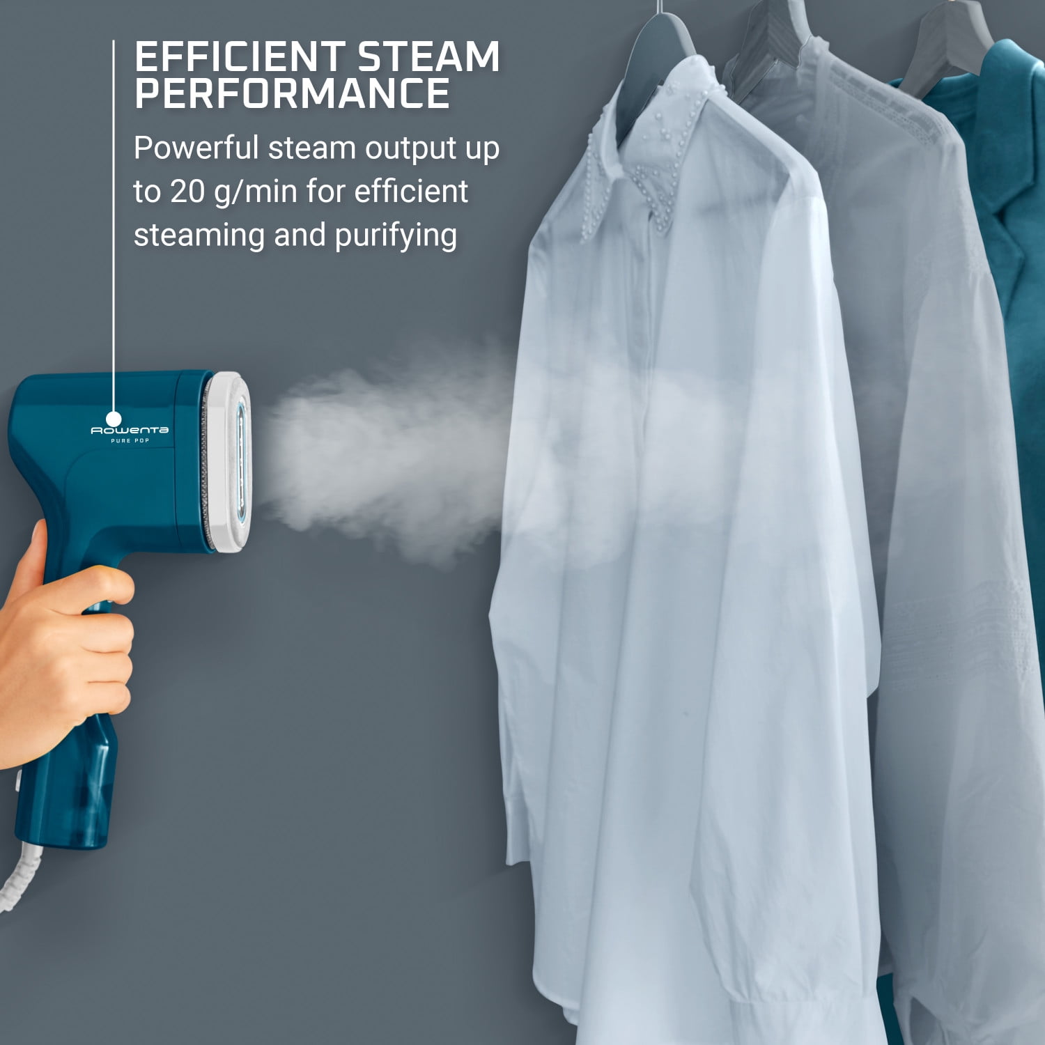 Rowenta Handheld Garment Steamer, Blue and White