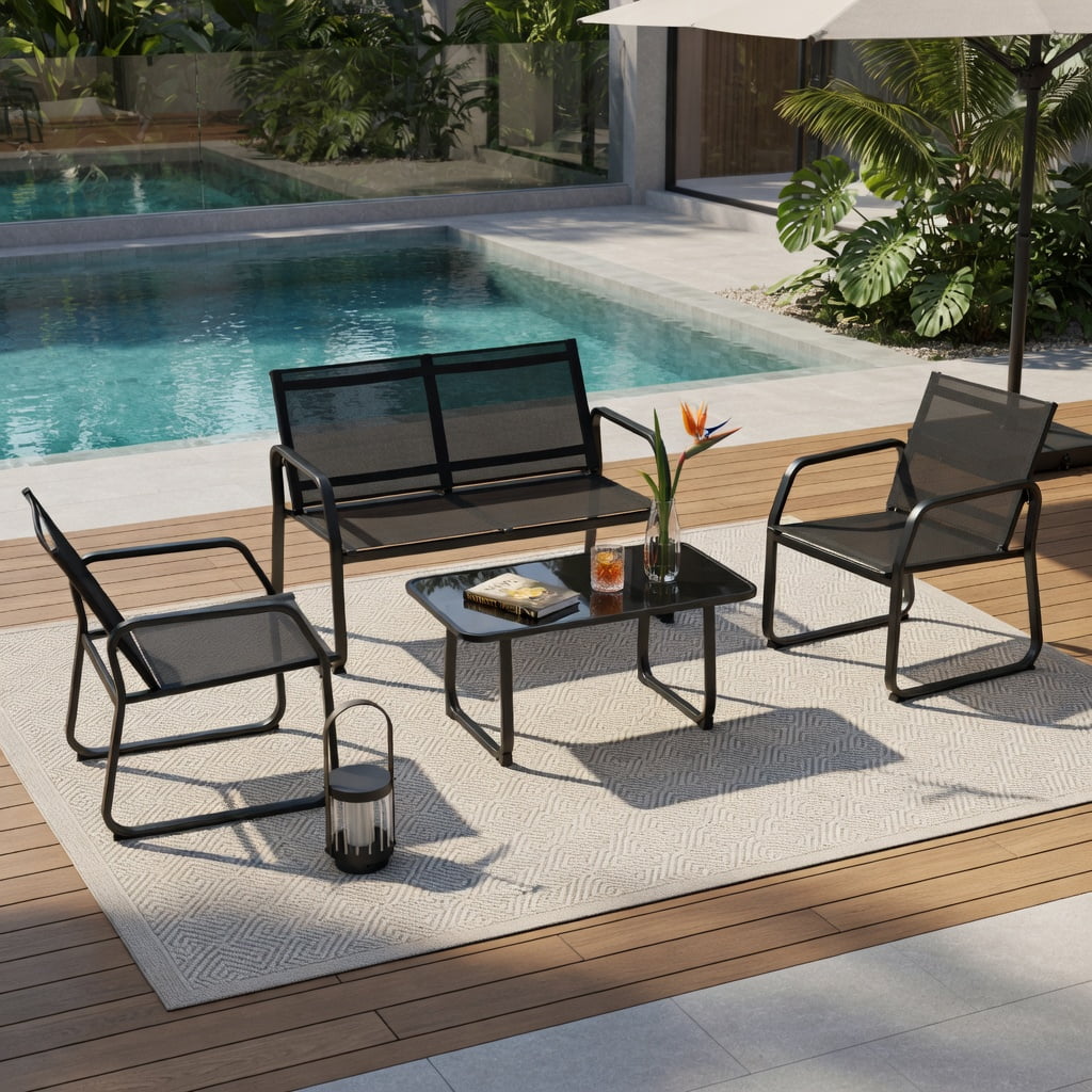 Hommoo 4-Piece Outdoor Patio Conversation Set, Metal Frame, Breathable Fabric Seating & Tempered Glass Coffee Table for Backyard, Deck or Balcony, Black