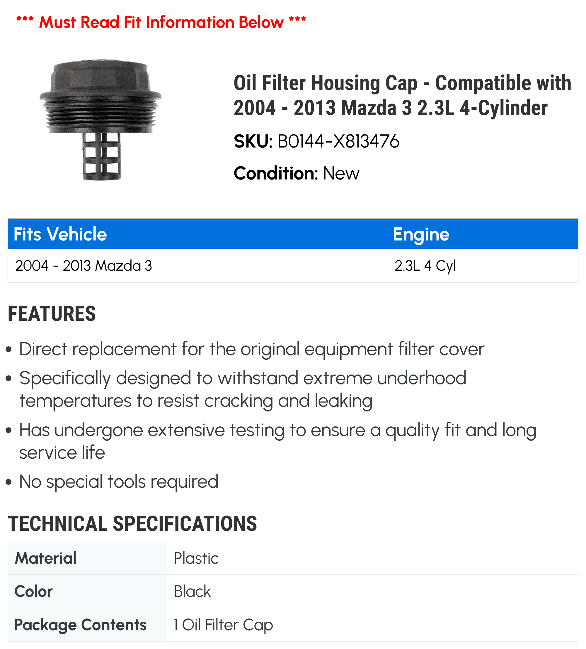 Oil Filter Housing Cap - Compatible with 2004 - 2013 Mazda 3 2.3L 4-Cylinder 2005 2006 2007 2008 2009 2010 2011 2012