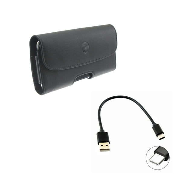 Black Horizontal Leather Case Side Cover Pouch w Black Short Type-C Cable Rapid Charger Sync USB Power Wire G4D for Alcatel 7 - Coolpad Legacy - Nokia 3.1 Plus - OnePlus 7 Pro