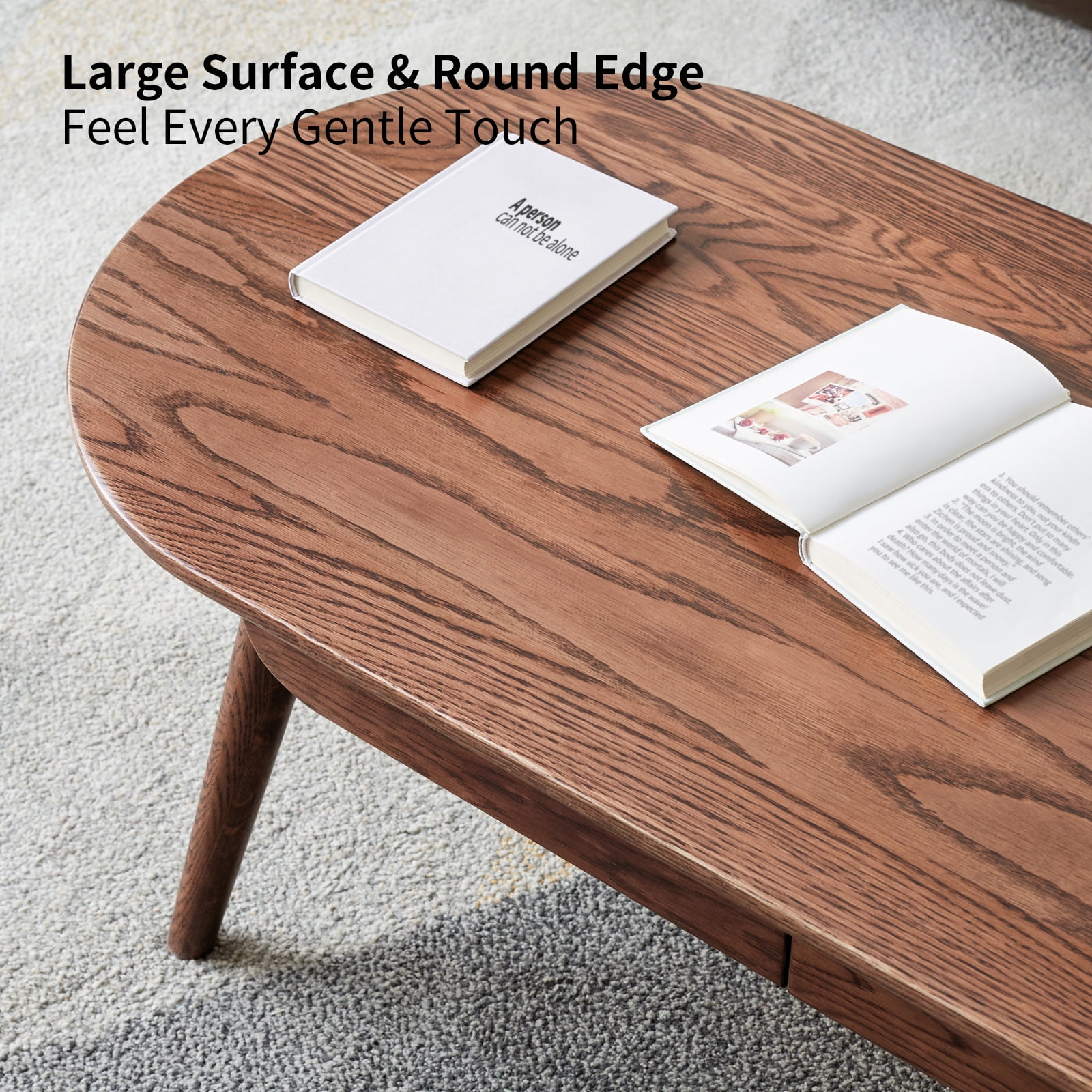 MAYEERTY Capsule Solid Oak Coffee Table with Storage Drawers – Modern Oval Center Table for Living Room & Home Office