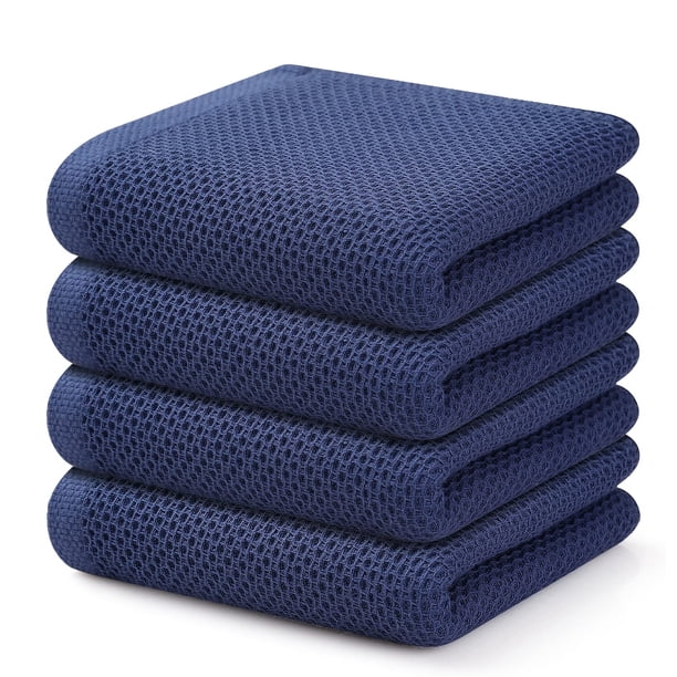 Toallas de cocina Kitinjoy Waffle Weave, 100% algodón, paquete de 4 unidades, azul marino