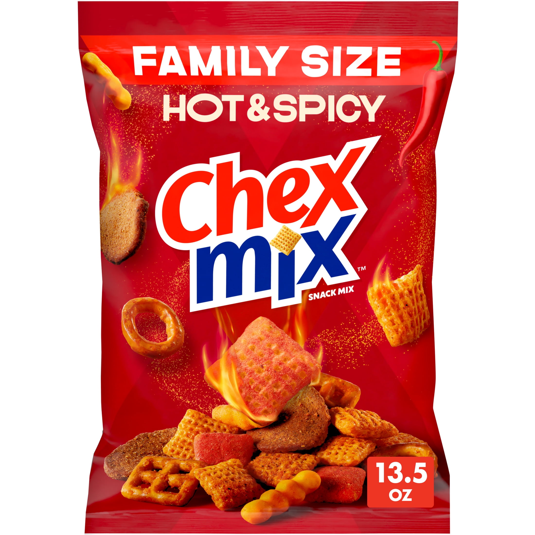 (2 pack) Chex Mix Hot and Spicy Snack Mix, Savory Snack Bag, Family Size, 13.5 oz