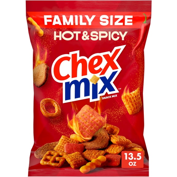 Chex Mix Hot and Spicy Savory Snack Mix, Family Size, Snack Bag, 13.5 oz