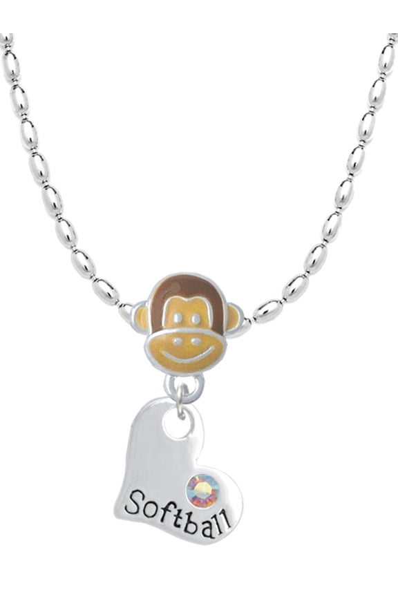 Heart with ''Softball'' and AB Crystal Mia Monkey Charm Necklace