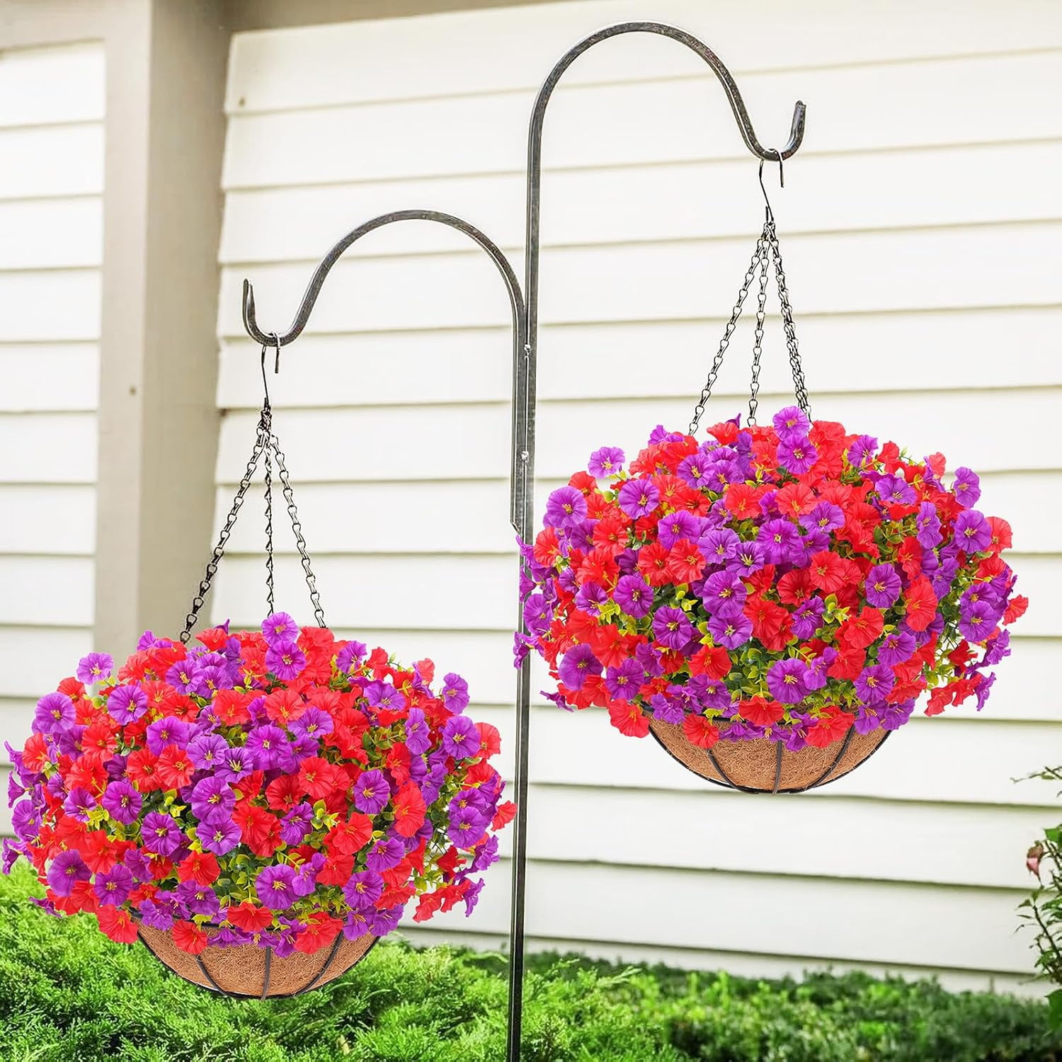 Waipfaru Artificial Hanging Flowers in Basket,Fake Hanging Plants for Outdoors Spring Summer Decoration,UV Resistant Petunias Flower for Garden Porch Patio Balcony Decor