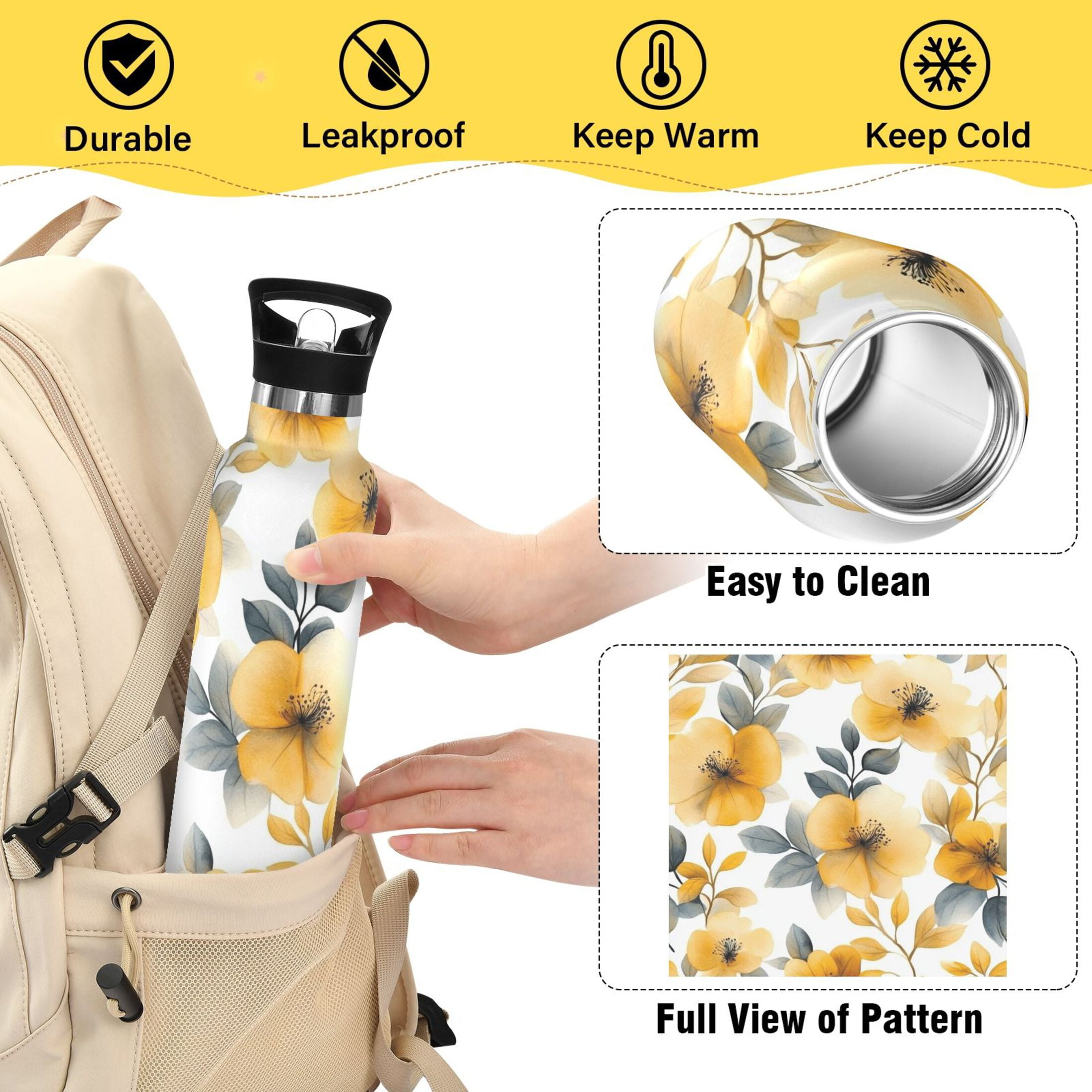 600ML Stainless Steel Insulated Cup Sports Water Bottle Portable Thermos Cup Water Glasses Insulated Tumblers Convenient and Durable Cartoon Yellow Flowers