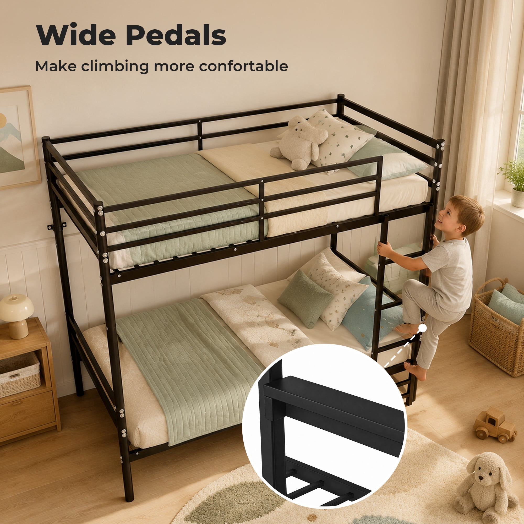 Alvantor Bunk Bed Twin over Twin, Metal Bunk Bed for Kids with Ladder and 14" Guardrail Black