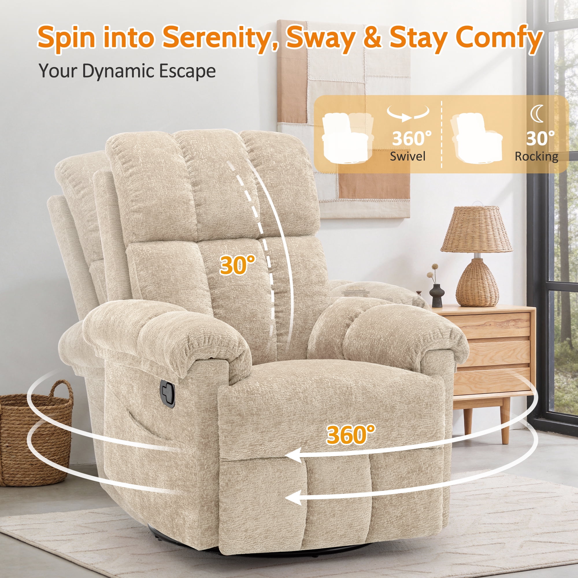 Korser Small Recliners for Small Spaces,Swivel Rocker Recliner Chair with Side Pockets for Living Room,Khaki