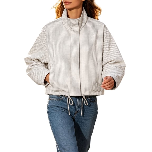Women Oversized Cropped Gingham Jacket High Neck Plaid Jacket with Drawstring Hem Casual Streetwear Coat Spring Fall (White M)