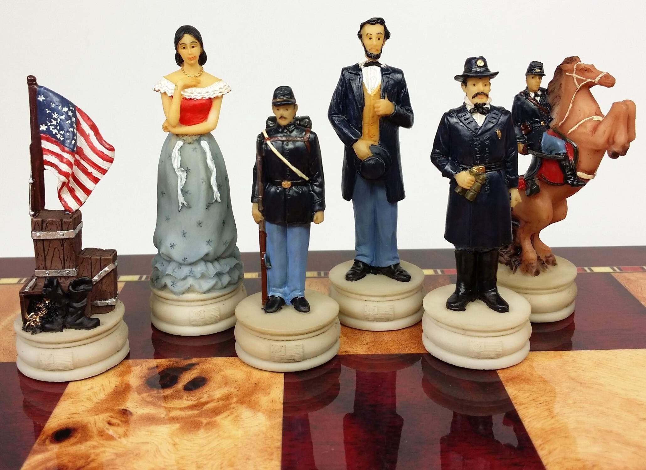 US American Civil War Queens Chess Set W 18" Cherry  Burlwood Color Board