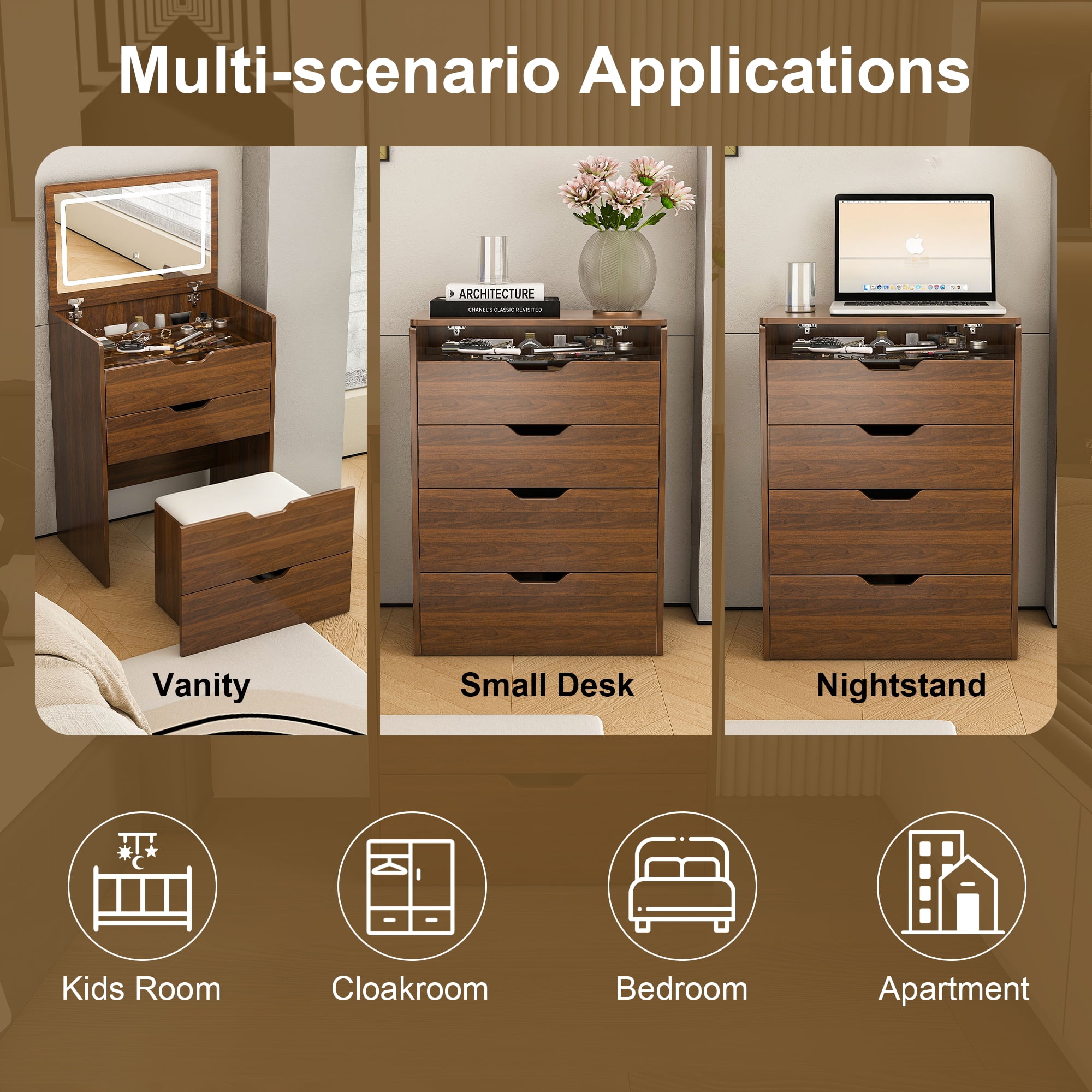 3-in-1 Vanity Desk with Flip Top Lighted Mirror & Storage Stool, Compact Makeup Dressing Table for Bedroom, Bathroom, or Dressing Room (23.L, Walnut)
