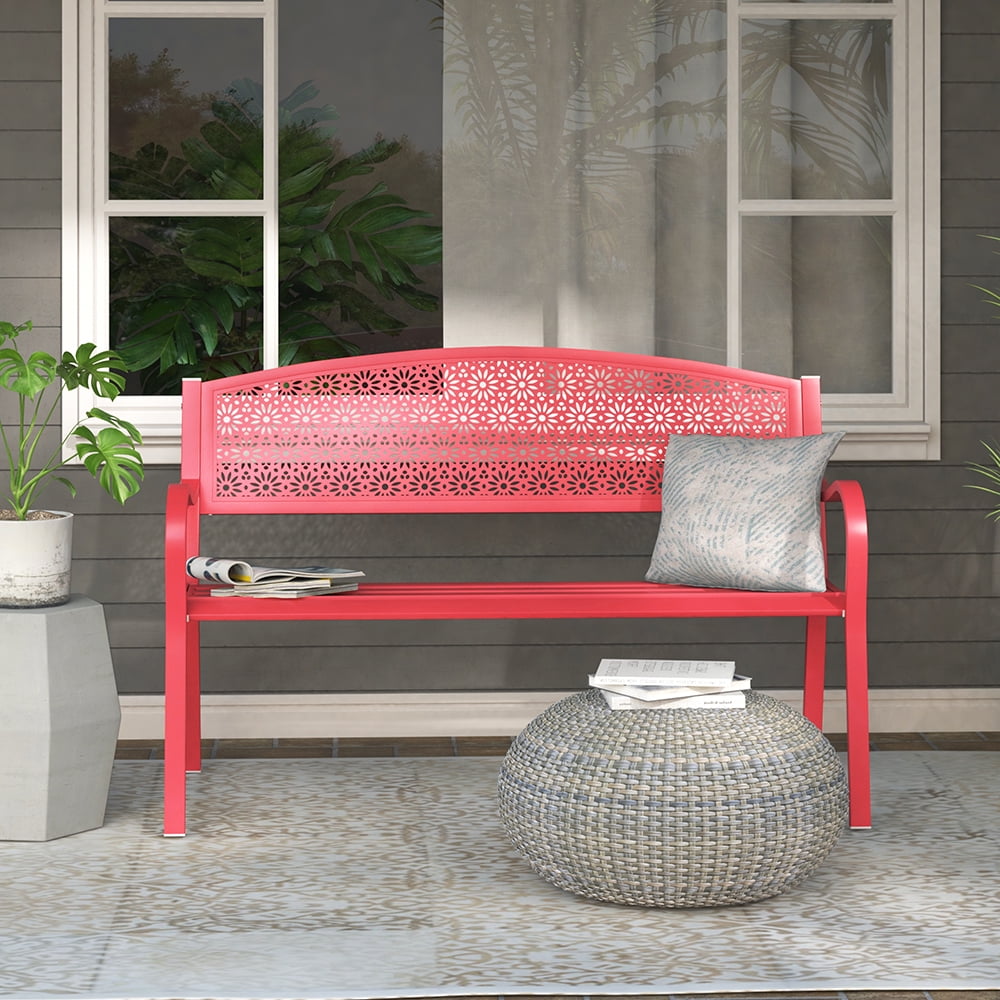 KOOL High Back Outdoor Metal Garden Bench Steel Slat Patio Loveseat Park Bench for Porch Yard Lawn Patio Bench, Red