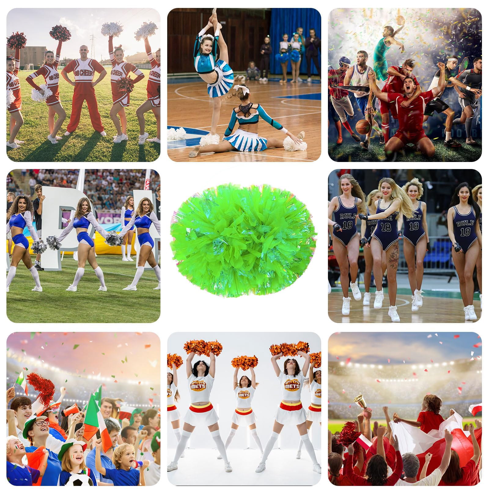 Cheerleading Pom Poms 14 Pcs with Handle Style, Handheld Squad Pompoms for Sports Team Cheer Spirit Games Dance Party Adults