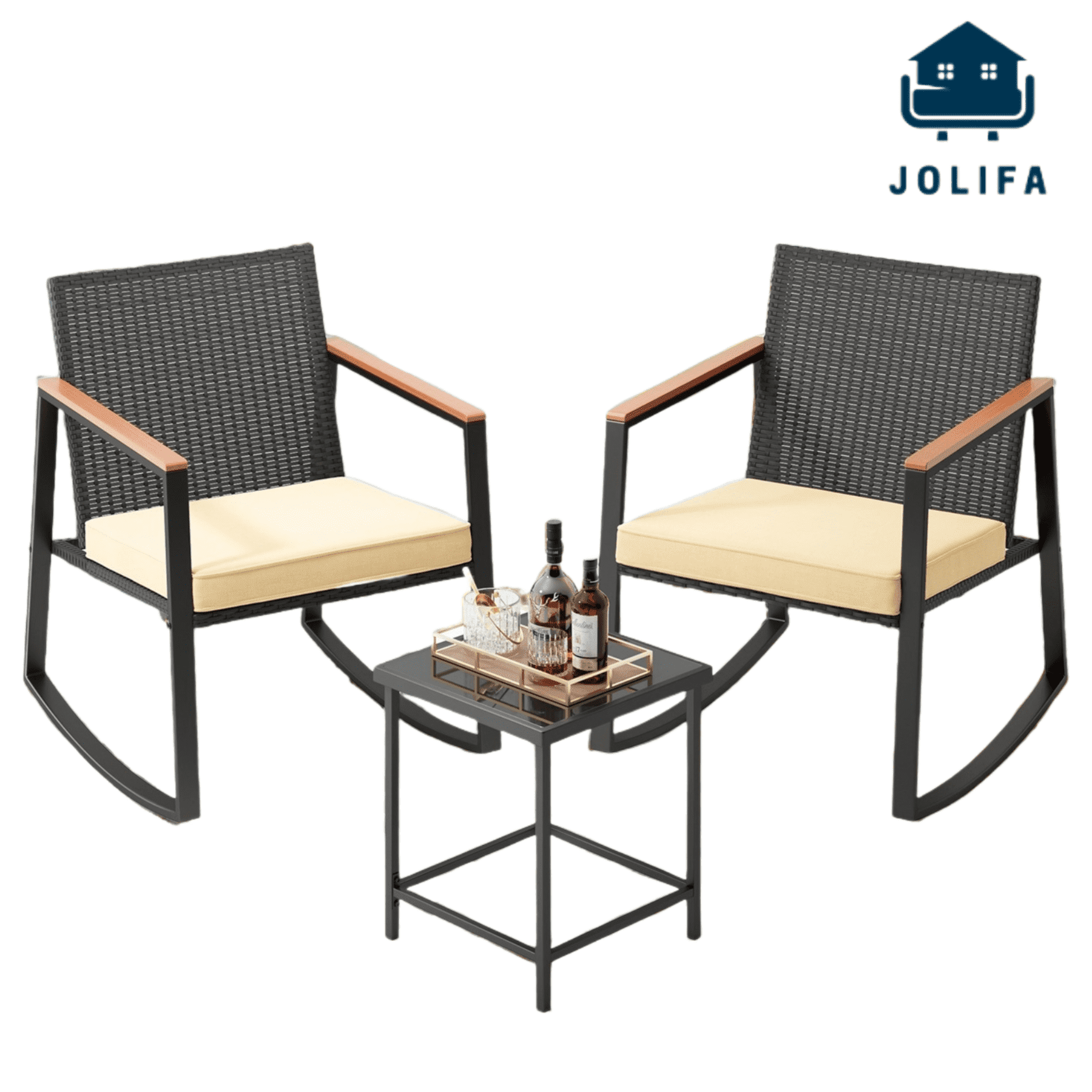 Jolifa Bistro Patio Furniture with 2 Outdoor Rocking Chairs and 1 Glass Coffee Table for Poolside, Porch, Lawn,Beige Review