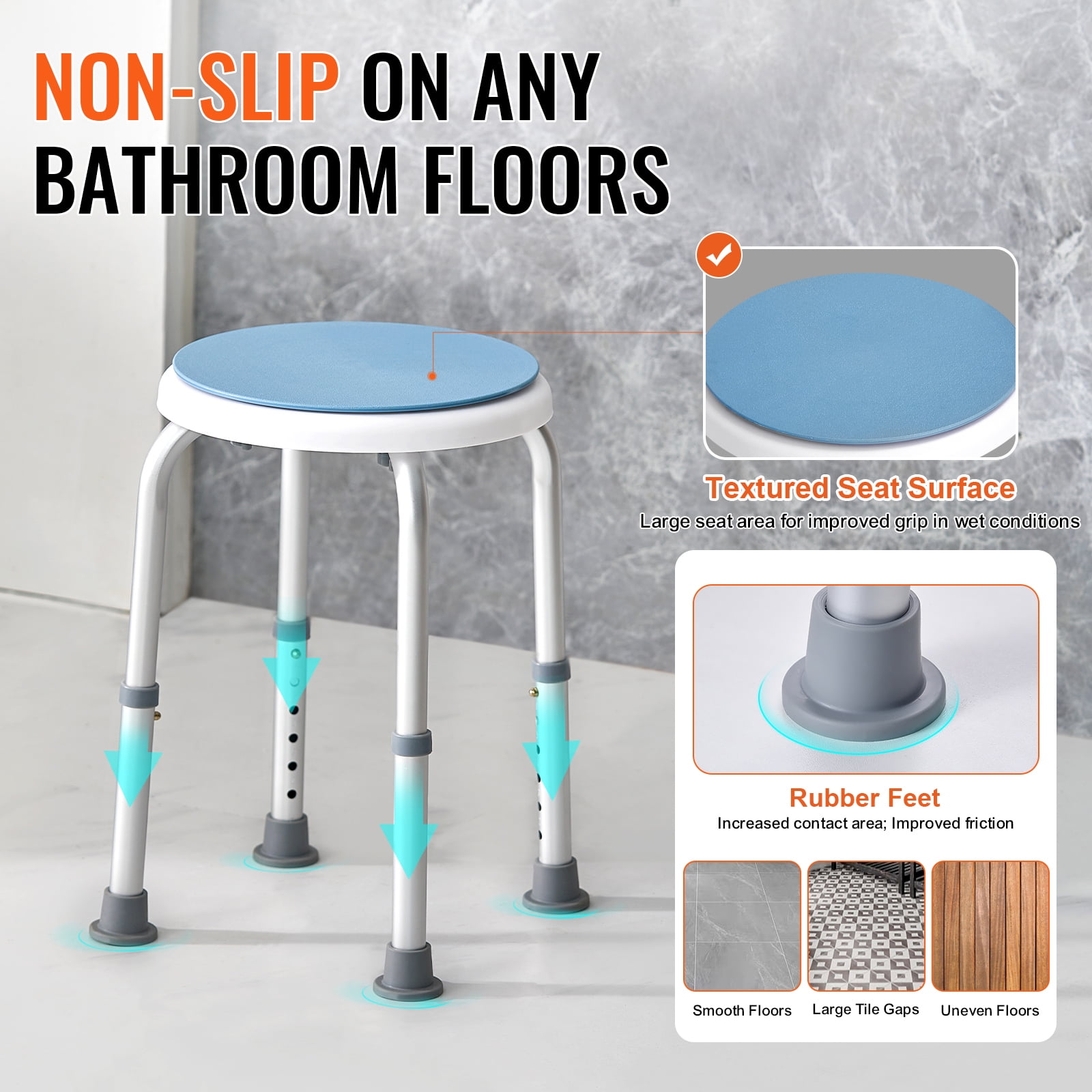 KFFKFF Rotating Bath Chair, Height-Adjustable Shower Stool, Secure Bathtub Chair with Anti-Slip Feet for Seniors, Disabled, Handicap, Supports up to 300 lbs