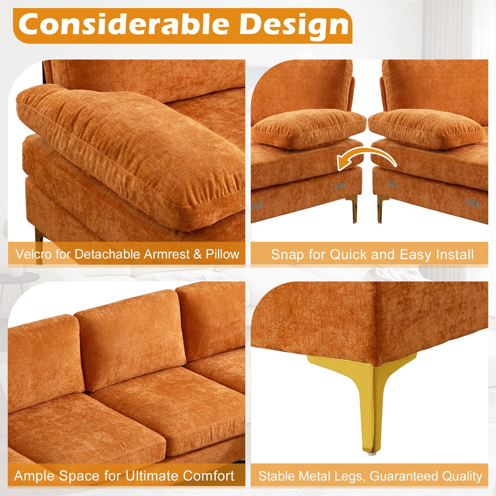 Ktaxon Sectional Sofa Set, 110" U-Shaped Chenille Couch, 4 Seat Lounge Sleeper with Double Chaise for Living Room Orange