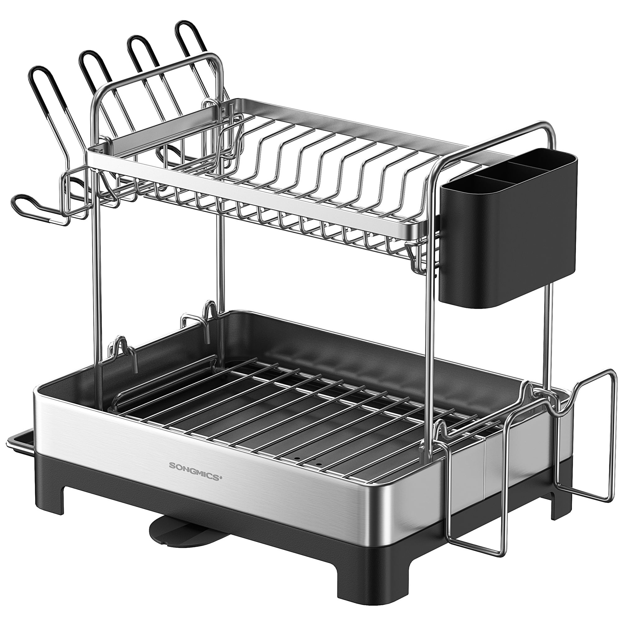 2 Tier Dish Drying Rack with Rotatable and Extendable Drain Spout, Dish Drainer, Black