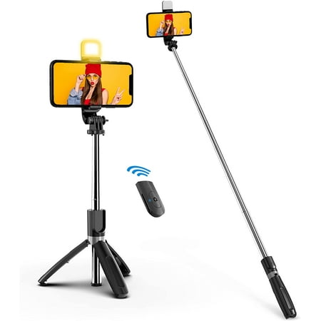 Selfie Stick with Fill Light  Extendable Selfie Stick Wireless Remote and 100cm Tripod  Portable  Lightweight