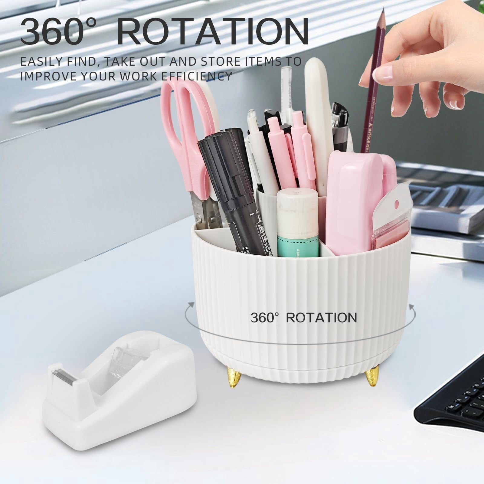 White Desk Organizer Set - 15-piece Office Supplies With 360° Rotating Pen Holder  Stapler Tape Dispenser & Clips For Home
