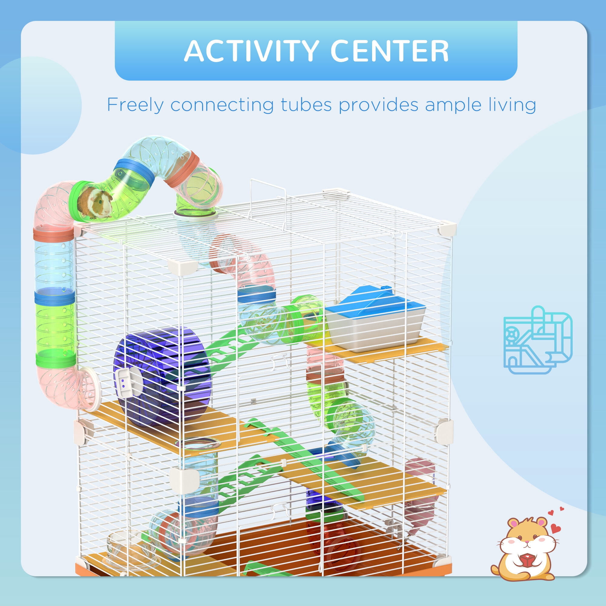 Dog Crate, PawHut 18" 5 Tier Hamster Cage with Tubes and Tunnels, Small Animal Cage with Portable Carry Handle, Gerbil Cage with Water Bottle, Food Dish, Exercise Wheel, Orange, Orange Pet Playpen
