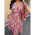 thumbnail image 5 of Random Floral Print Deep Shirred Waist Tie Plus Size Women Beach Maxi Dress, 5 of 9