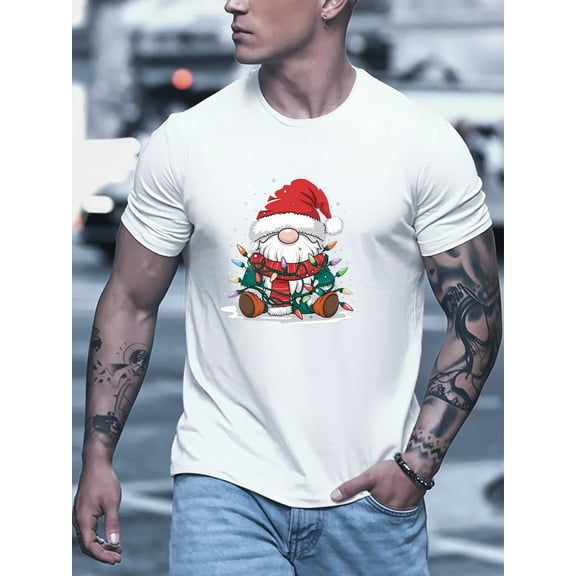 Men's Summer Fashion T-Shirt with Christmas Santa Print - Casual Round Neck, Polyester Blend, Machine Washable