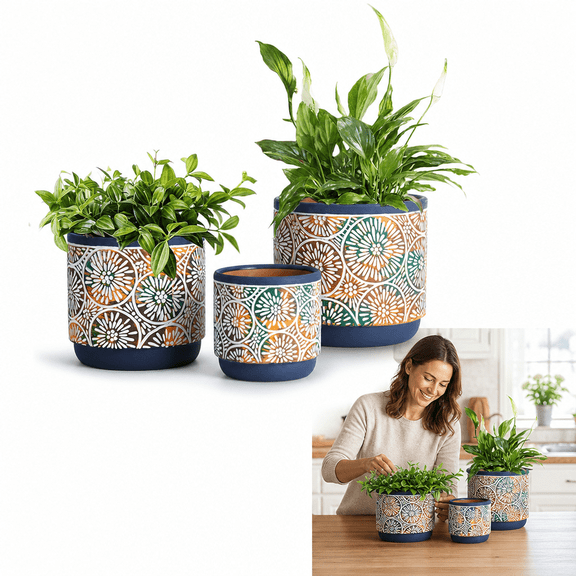 3 Pack Embossed Floral Ceramic Plant Pots with Drainage Holes, Plant Pots Indoor & Outdoor, Pots for Plants, Planters for Indoor Plants, Ceramic Pots for Plants, Succulent Pots, Cute Plant Pots, Bons