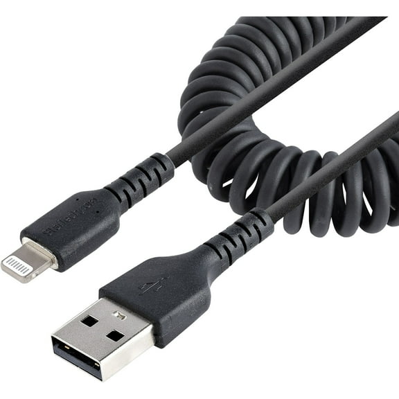 StarTech.com 1m (3ft) USB to Lightning Cable, MFi Certified, Coiled iPhone Charger Cable, Black, Durable TPE Jacket Aramid Fiber, Black