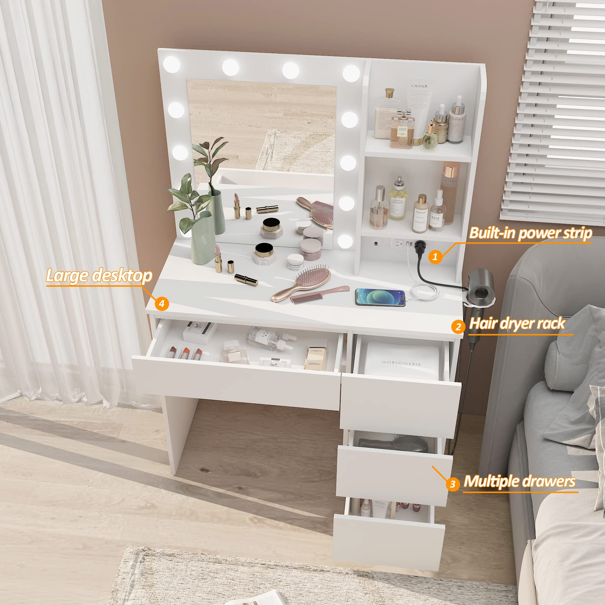 Veanerwood Makeup Vanity with Lights, Bedroom Vanity Table with Power Strip, Modern Dressing Table, 4 Drawers, White