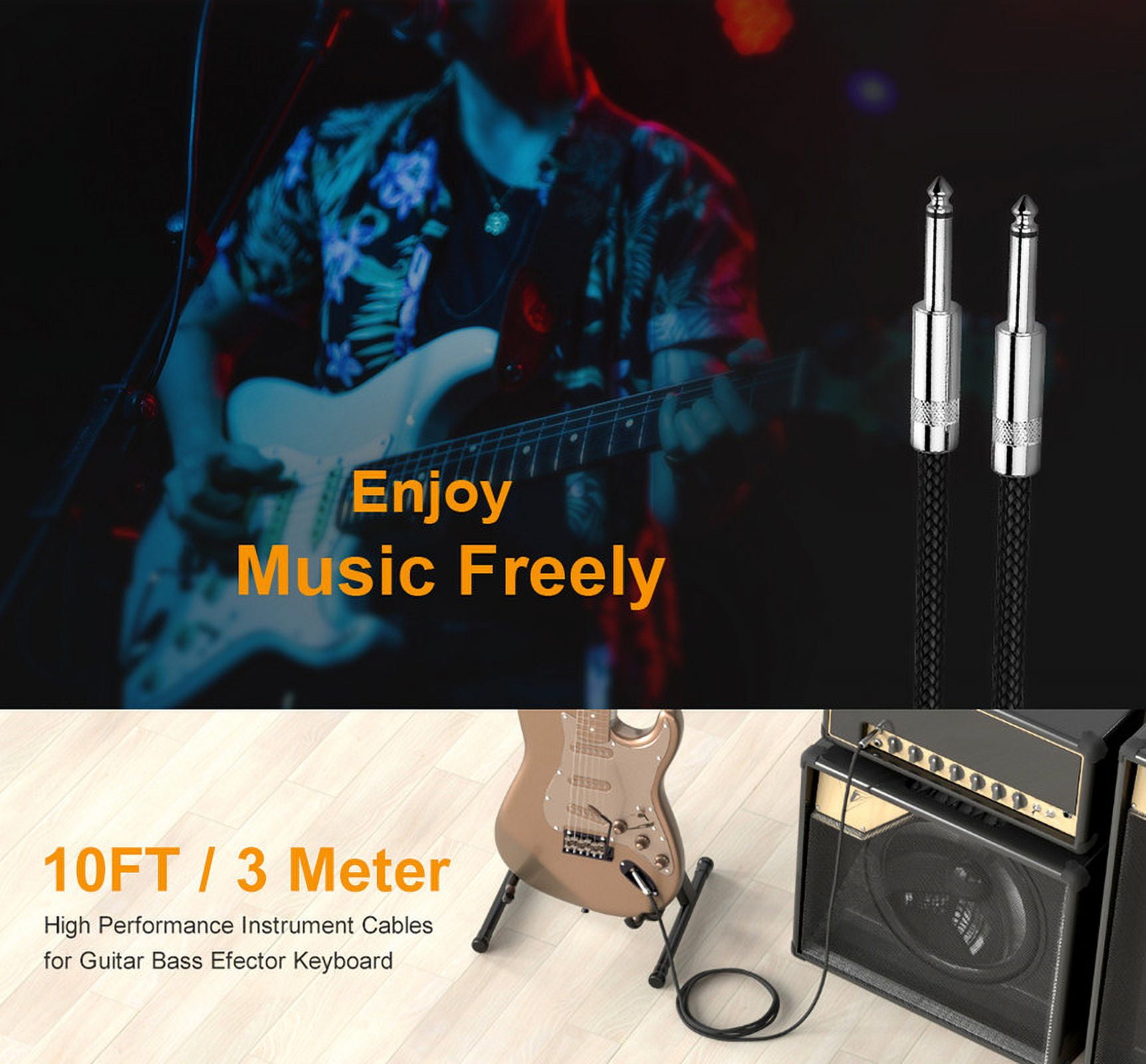 New bee 2pc 20ft Guitar Cable, 6.35mm 1/4 Inch Instrument Cable, Straight/Right Angle Plug Options for Electric Guitar, Bass, Amp & Effects Pedal, Shielded Oxygen-Free Copper Audio Cord (Black)
