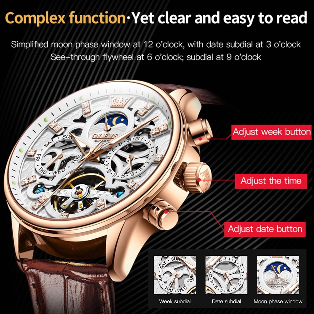OLEVS Automatic Watches for Men Self Winding Mechanical Chronograph Skeleton Flywheel Luxury Dress Black Brown Leather Diamond Moon Phase Waterproof Luminous Mens Wrist Watches Reloj Para Hombre