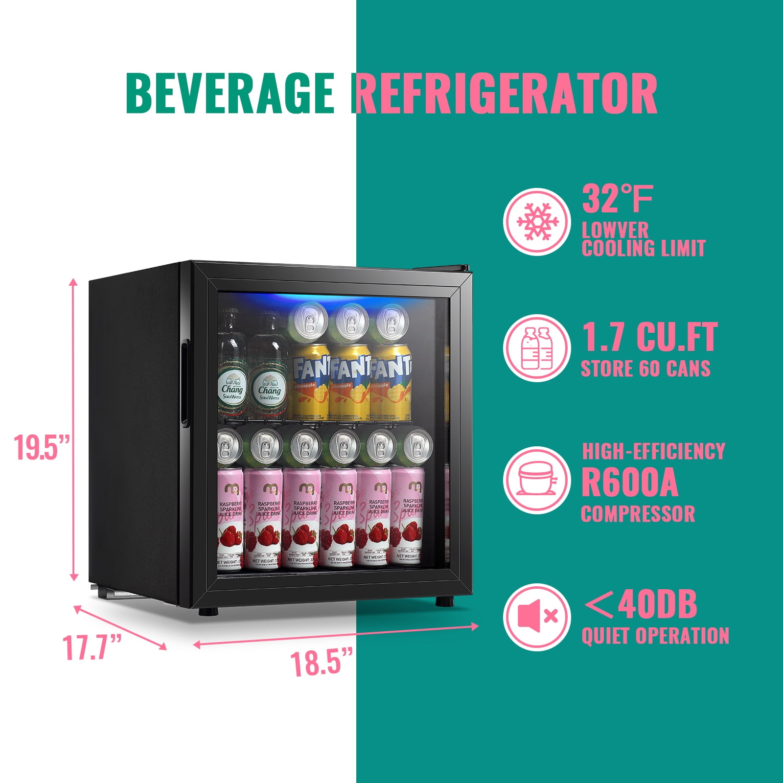 WANAI 1.7 Cu. ft Mini Fridge Beverage Cooler, 60 Cans Drink Fridge Black Glass Door for Beer Soda