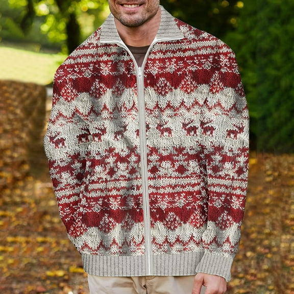 KeShDi Mens Winter Coats Men's Christmas Print Warm Christmas Full Zip Cardigan Long Sleeve Hoodless Casual Coat Beige XL