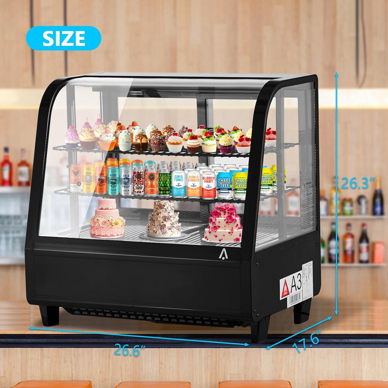 KATIDAP Commercial 3.5 Cu.FT Display Refrigerators, Refrigerator Display Cabinet, LED Display, Single-Door Countertop Pastry Display Case with Interior LED Lighting, Black