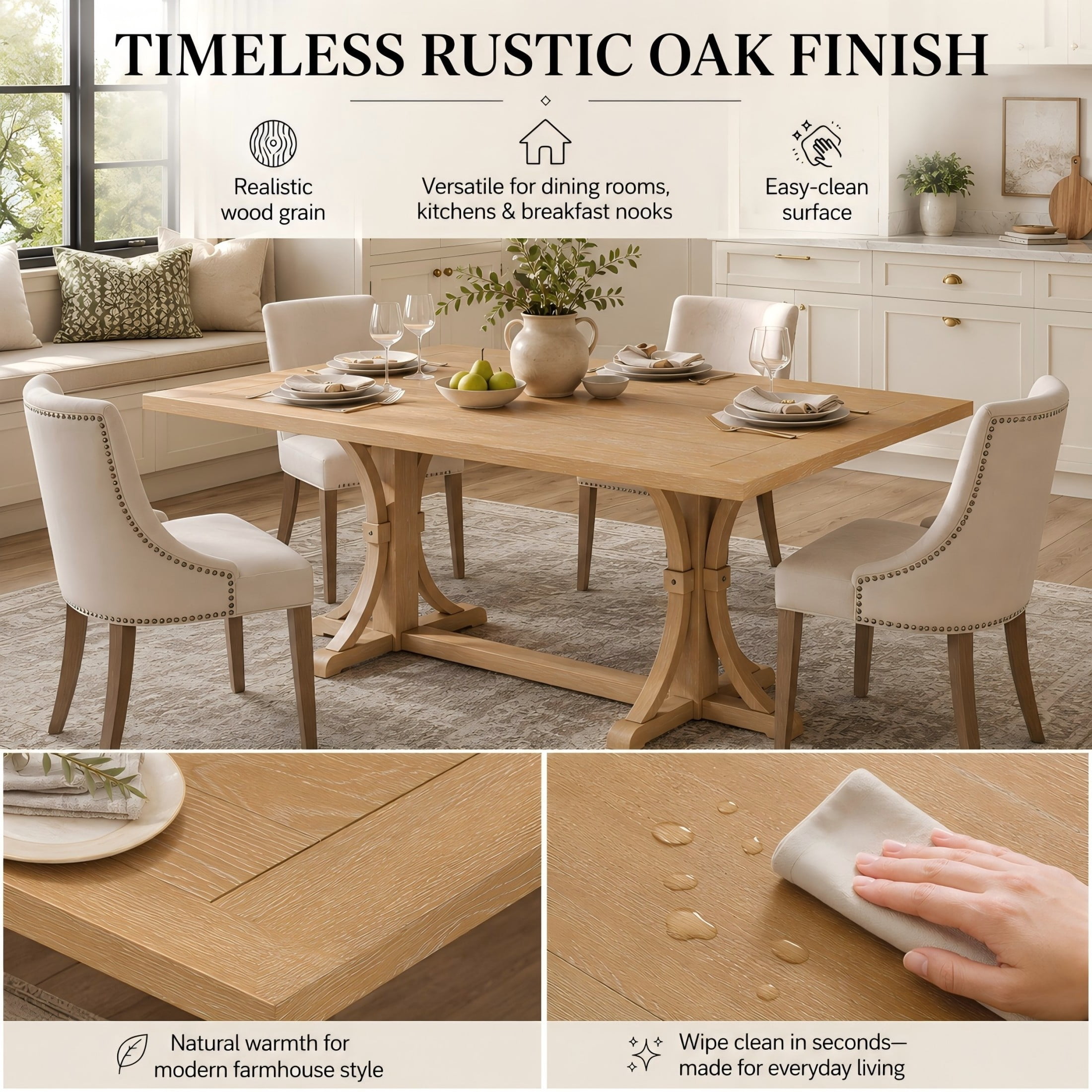 Aukfa 60" Solid Wood Farmhouse Dining Table for 6, Natural Oak Kitchen Table with Trestle Base, Natural