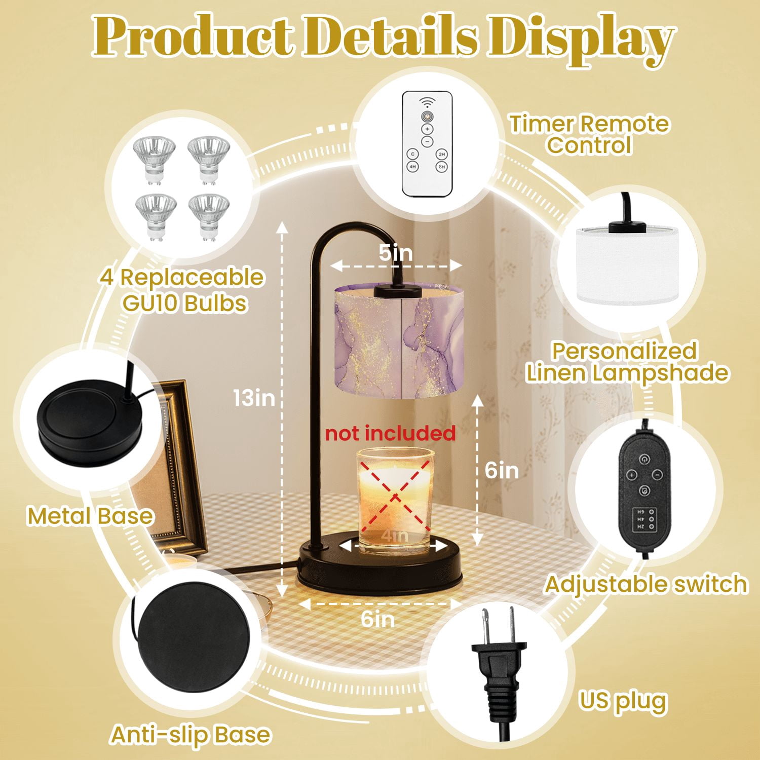 Candle Warmer Lamp with Timer Dimmer Purple Abstract Marble Texture Gold Veins Elegant Alcohol Ink Art Candle Lamp Warmer for Jar Candle with 4 Bulbs Gifts for Women House Warming Gifts