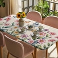 thumbnail image 3 of Pink Flowers Table Cloths for 4 Foot Rectangle Tables, Spring Floral Butterfly Leaves Plants Retro Beige Patio Waterproof Elastic Fitted Tablecloths, Washable Rectangular Table Cover for Camping, 3 of 8