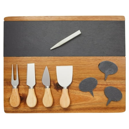 Wooden Cheese Charcuterie Board with Slate Inlay, 4-Piece Knife Set, 3 Signs (14 x 11 In, 9 Pieces)