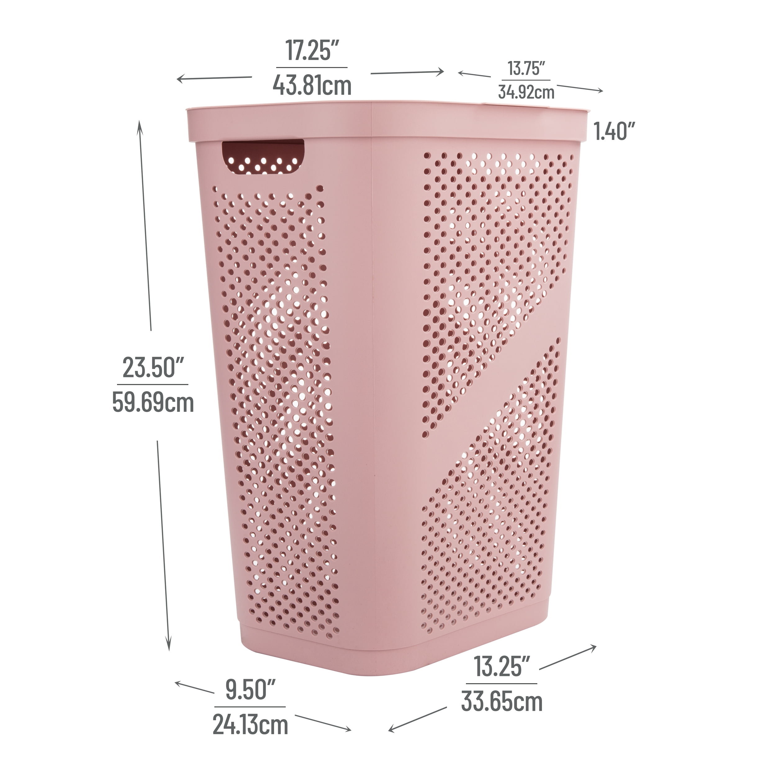 Mind Reader 60L Slim Laundry Hamper, Lid, Ventilated, Plastic, 17.25"L x 13.75"W x 23.5"H, Pink