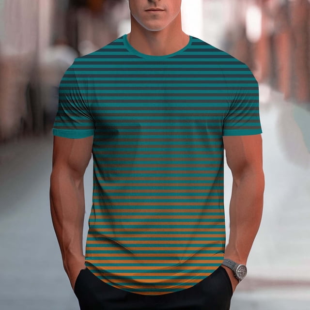 Kalauyu Men's Gradient T Shirt Short Sleeve Round Neck Tee Striped Casual Relaxed Fit Summer Tops