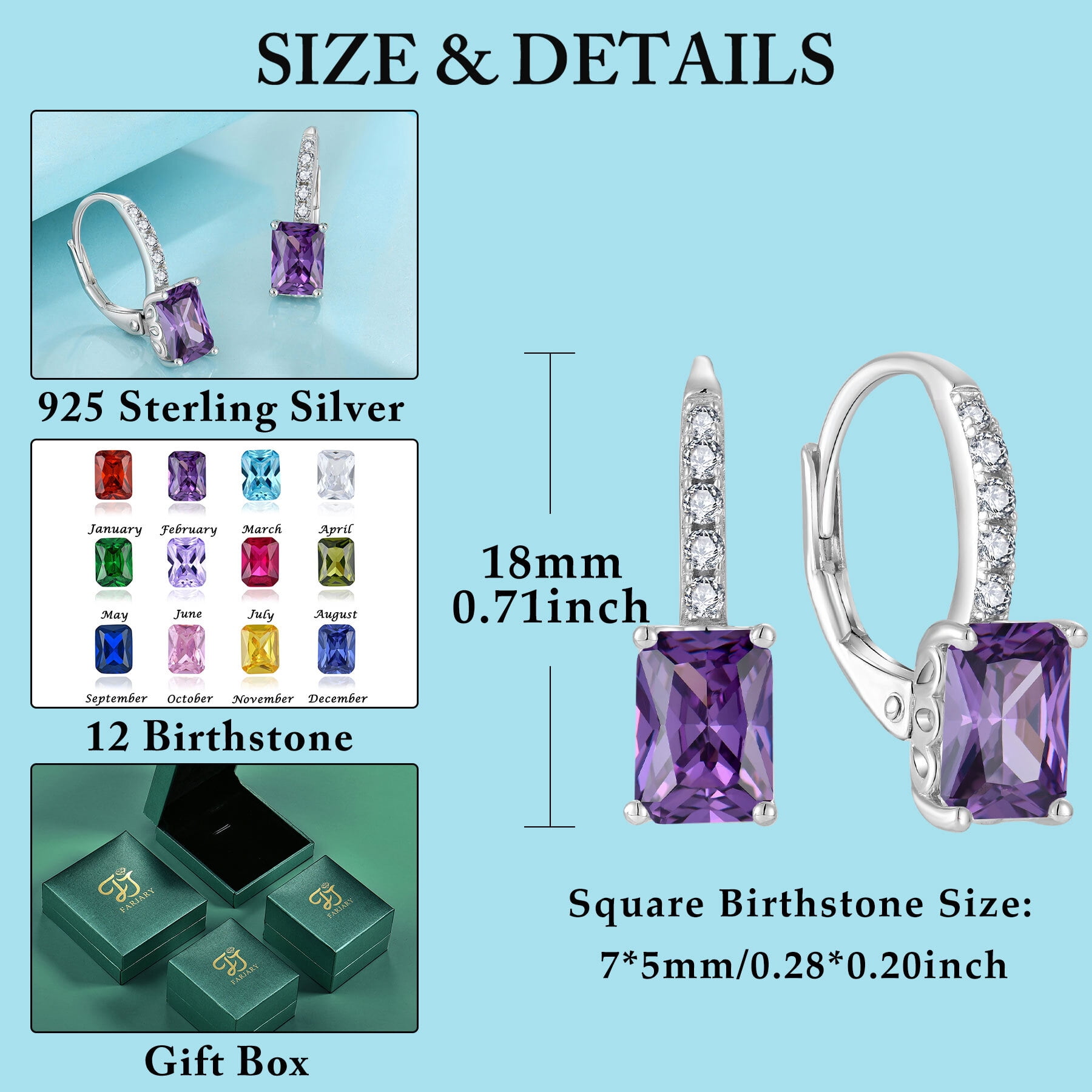 FJ Princess Cut Dangle Drop Earrings 925 Sterling Silver Square Leverback Earrings February Birthstone Amethyst Jewelry Gifts for Women