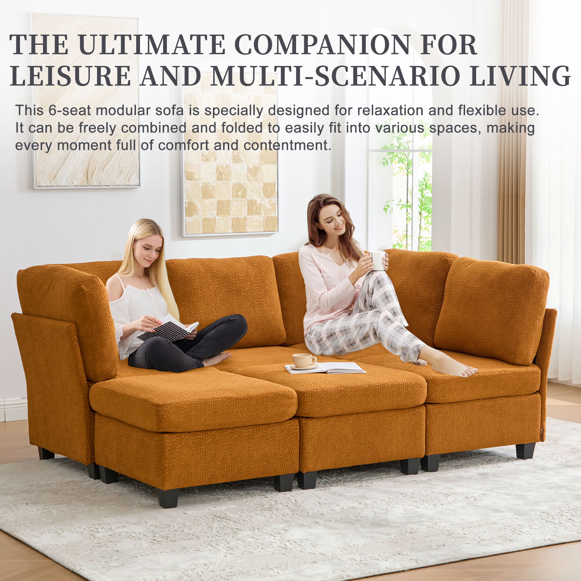 MOONMISS 6-Seat Polyester Upholstered U-Shaped Modular Storage Sleeper Sectional Sofa with Storage Ottoman-Orange