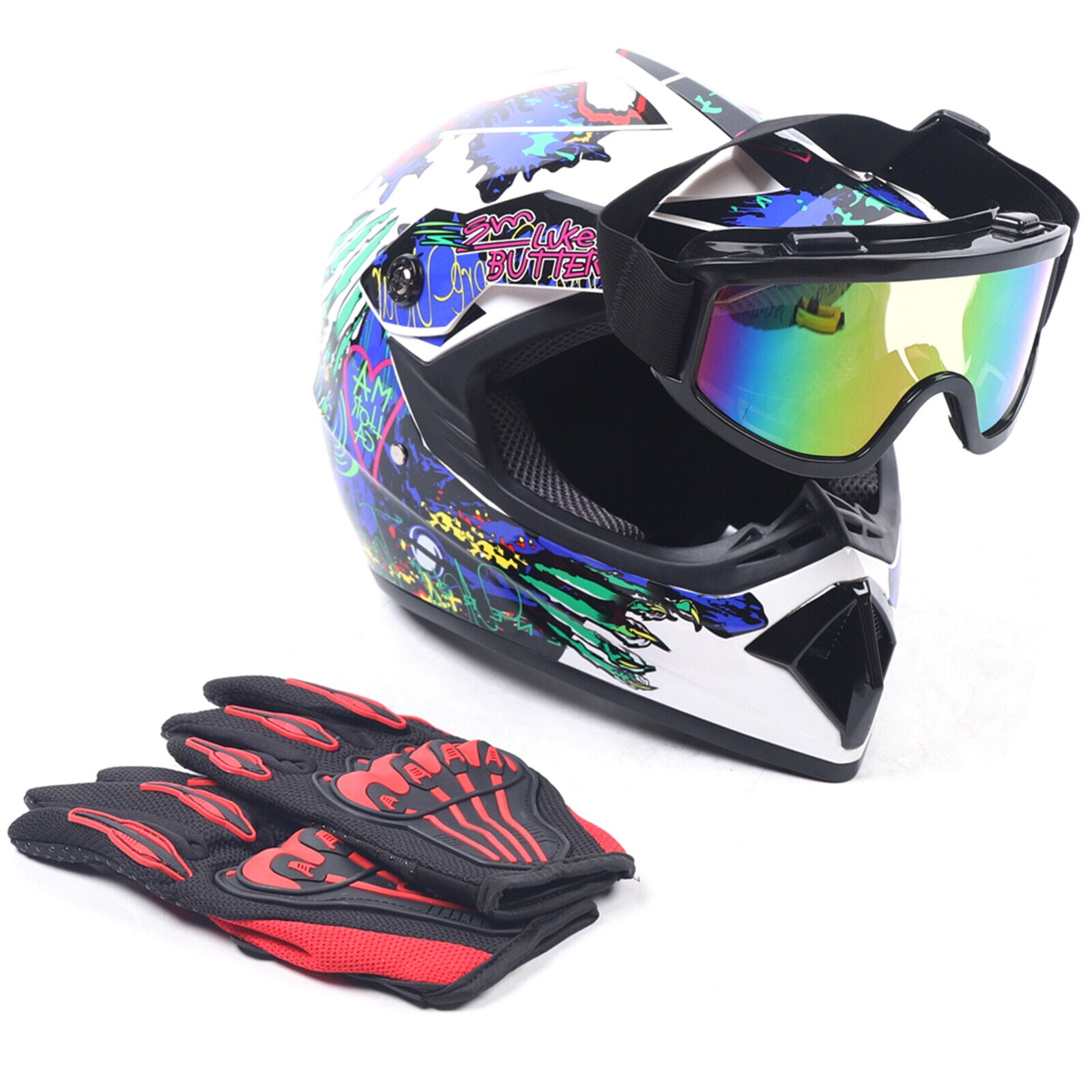 DENEST Adult Helmet +Gloves +Goggles for Dirt Bike DOT Motorcycle Motocross MX ATV