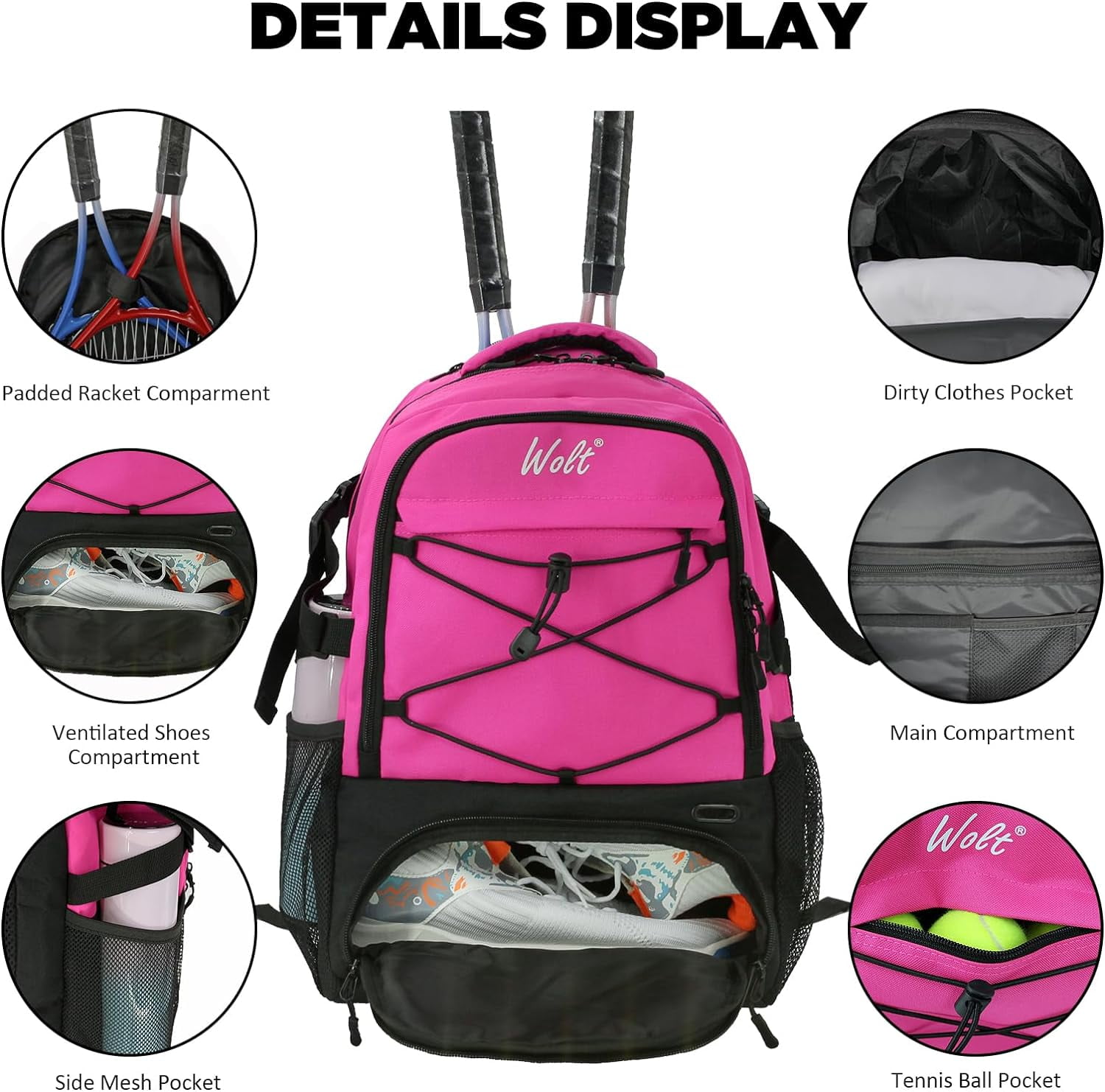 WOLT | Tennis Racket Sports Backpack Bag--34L Capacity Polyester with Ventilated Shoe Compartment Pink